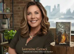 Lorraine Geraci, inspirational author and keynote speaker, smiling with her book Girls From Brooklyn on a table beside her